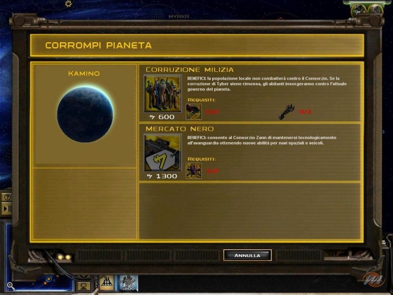 La schermata di corruzione del pianeta. Possiamo vedere l&#39;opzione per il mercato nero.
