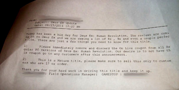 Gamestop rimuove i coupon di OnLive dalle copie PC di Deus Ex? Gamestop rimuove i coupon di OnLive dalle copie PC di Deus Ex?