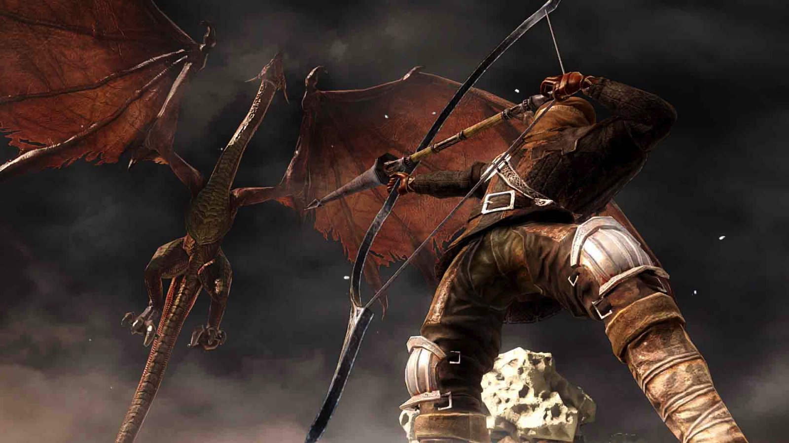Il protagonista di Dark Souls 2 scocca una freccia contro uun drago