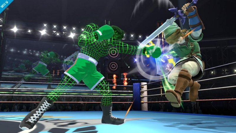Uno screenshot di Smash Bros. per Wii U mostra Little Mac in wireframe