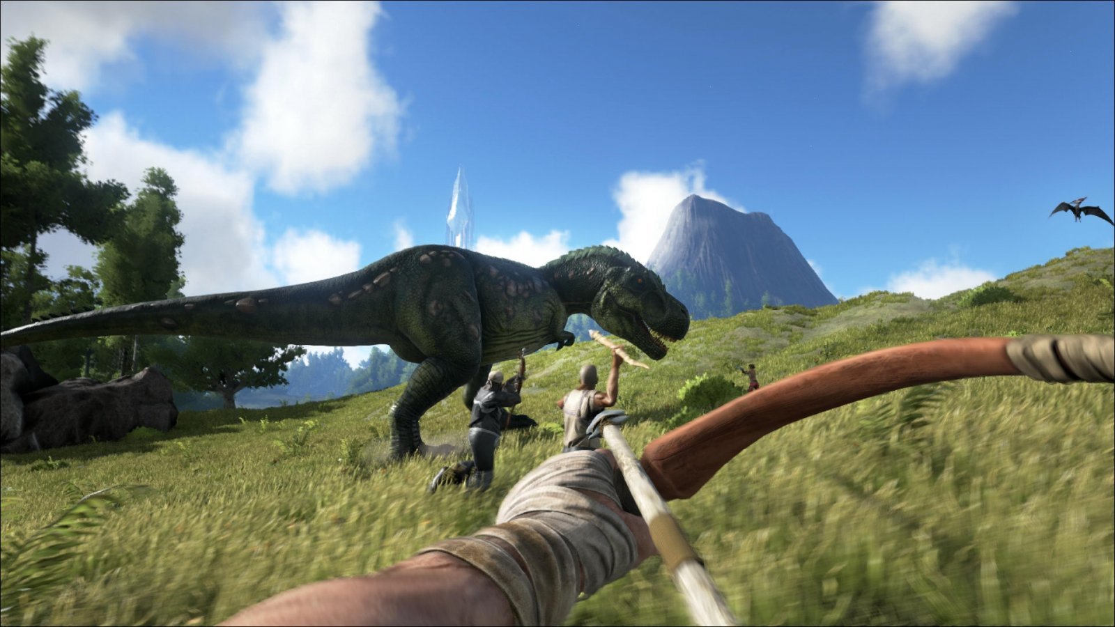 Un dinosauro e un arco mirato in Ark: Survival Evolved