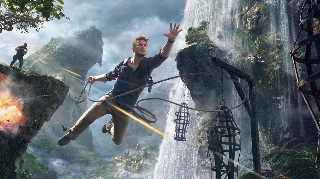 Nathan Drake che salta in una giungla in Uncharted 4