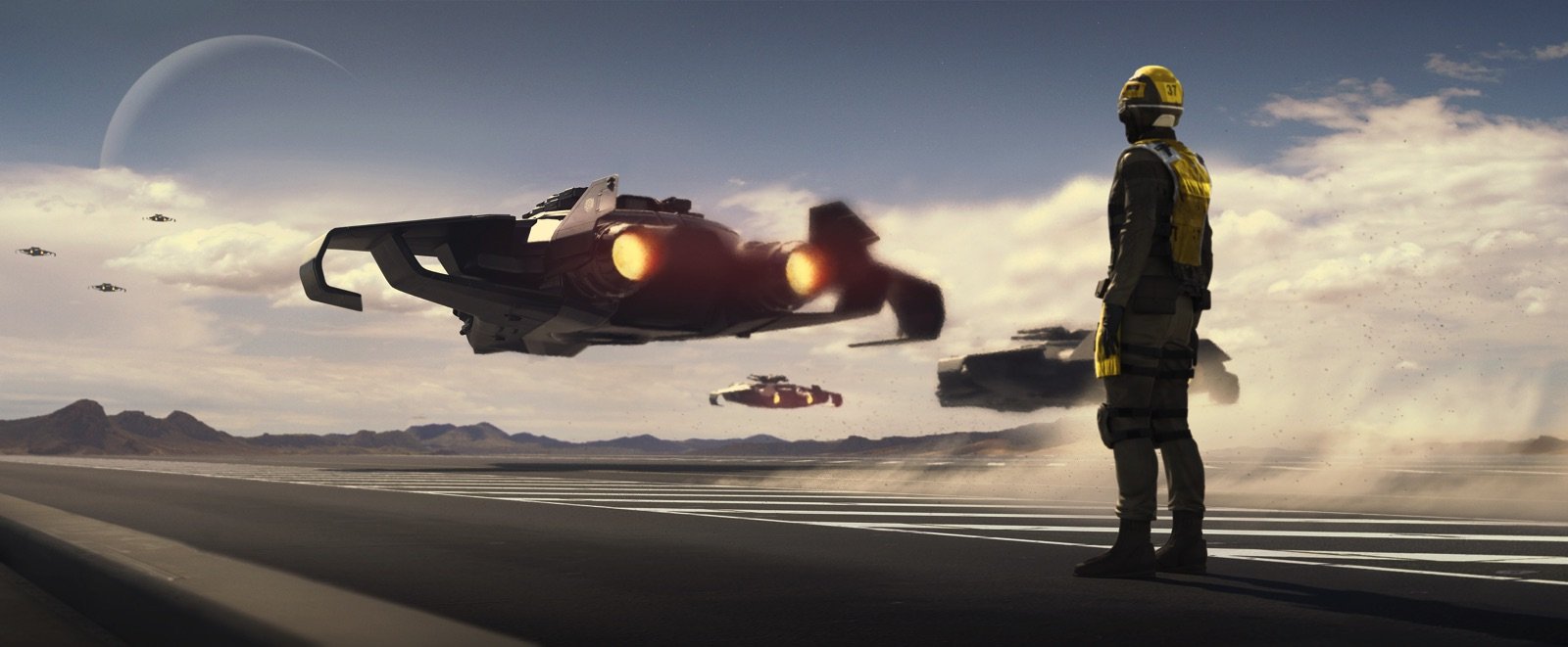 Una navetta e un personaggio di Star Citizen