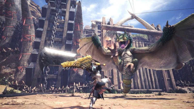 Un cacciatore di Monster Hunter World alle prese con un Pukei-Pukei