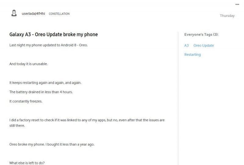 Galaxy A3 2017, sembra che la distribuzione di Android Oreo stia causando problemi ai dispositivi