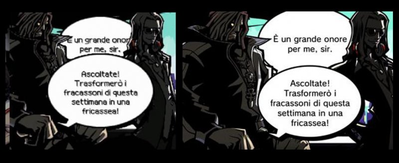 A sinistra la traduzione amatoriale di Mewster; a destra quella ufficiale su Nintendo Switch