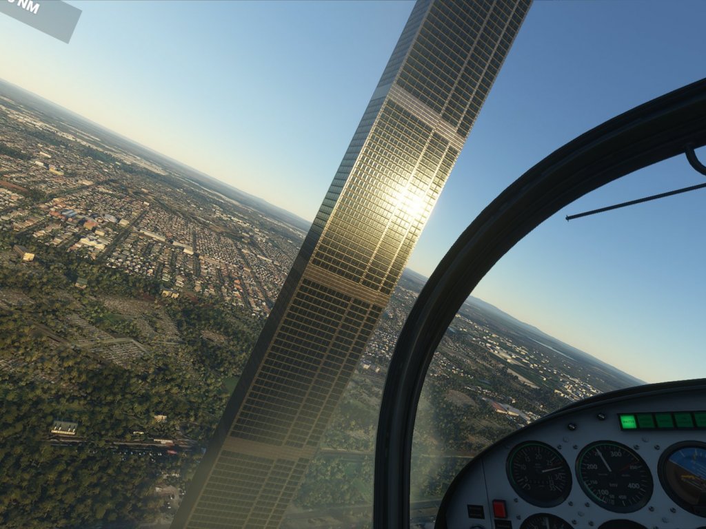 Microsoft Flight Simulator, a skyscraper that looks like City17 from Half-Life 2 dominates Melbourne thanks to a bug