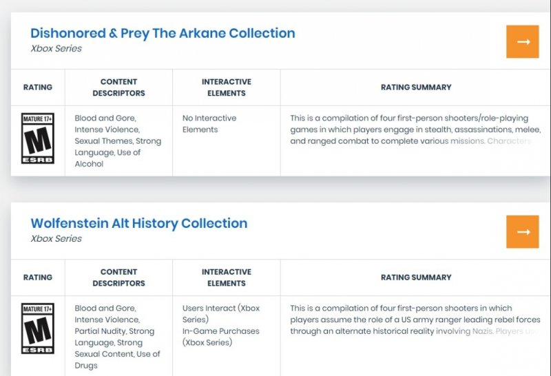 Dishonored Prey Wolfenstein Collection Esrb