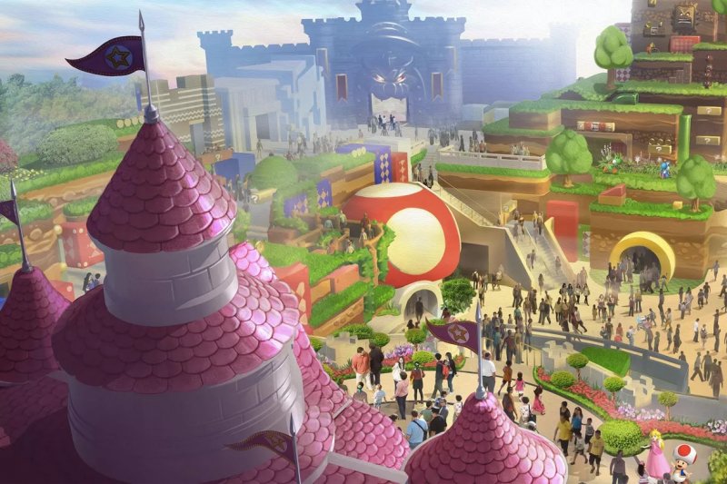 Un concept art del parco di divertimenti Super Nintendo World di Orlando.