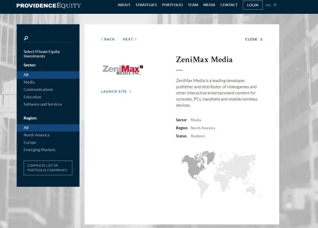 La pagina internet nella quale Providence Equity dice che la vendita di ZeniMax a Microsoft è realizzata. La pagina internet nella quale Providence Equity dice che la vendita di ZeniMax a Microsoft è realizzata.
