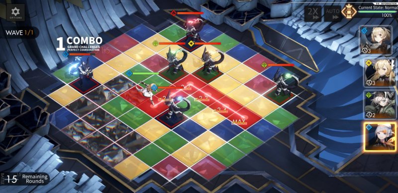 Alchemy Stars presenta un particolare sistema di combattimento basato su una scacchiera e sull'associazione di colori