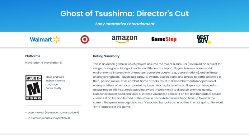 La pagina ESRB di Ghost Of Tsushima: Director's Cut La pagina ESRB di Ghost Of Tsushima: Director's Cut