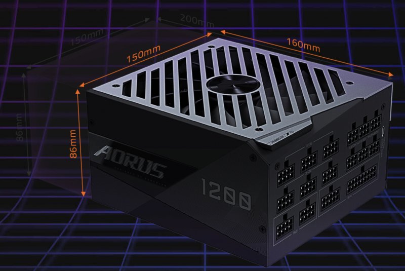 Le dimensioni complessive dell'alimentatore modulare AORUS P1200W Le dimensioni complessive dell'alimentatore modulare AORUS P1200W