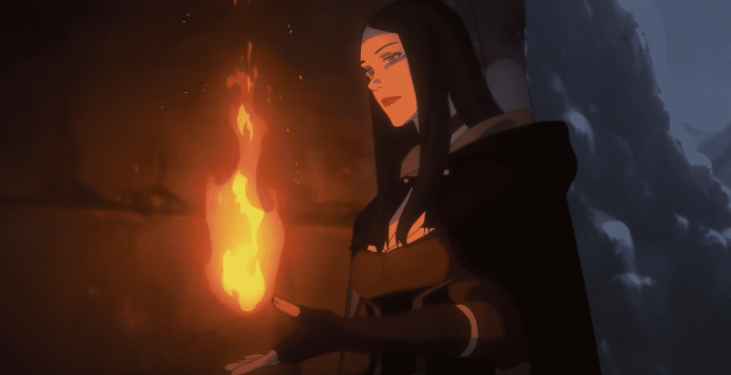 Tetra usa la magia del fuoco per illuminare un cunicolo in Nightmare of the Wolf