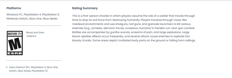 Quake, la classificazione ESRB.