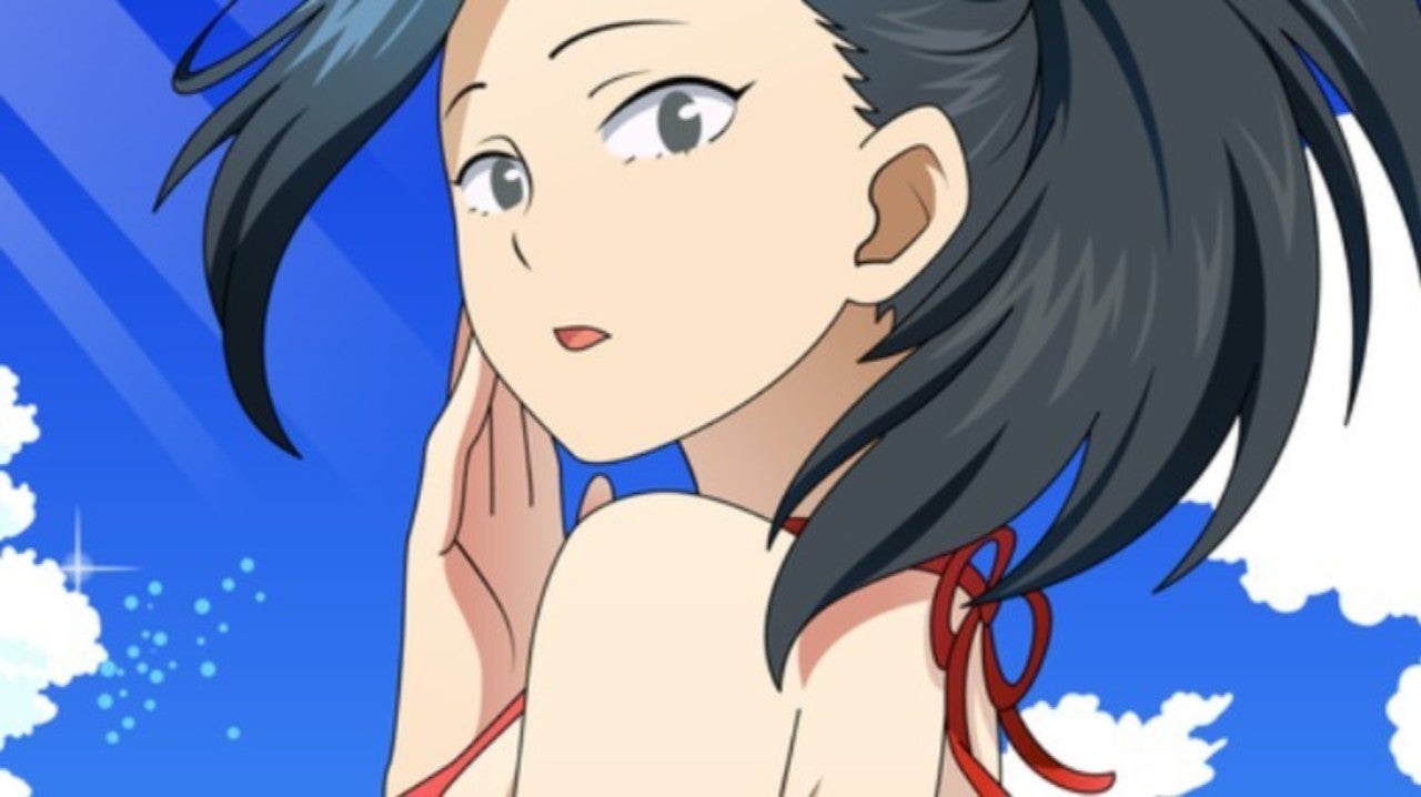 Momo Yaoyorozu nell'anime di My Hero Academia mentre guarda di lato e indossa un costume da spiaggia rosso