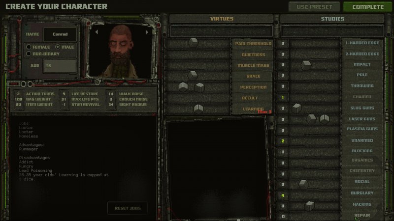 La creazione del personaggio di Mechajammer include sesso, età, sette peculiari caratteristiche e svariate abilità