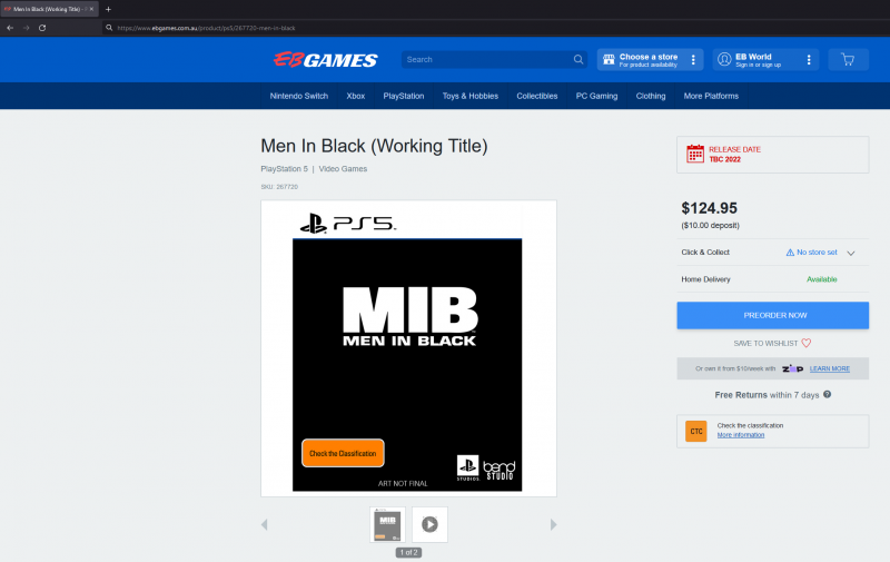 Men in Black per PS5 nella presunta pagina del rivenditore EB Games