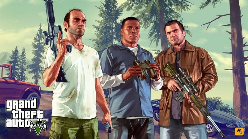 Grand Theft Auto V, the three protagonists in an official artwork