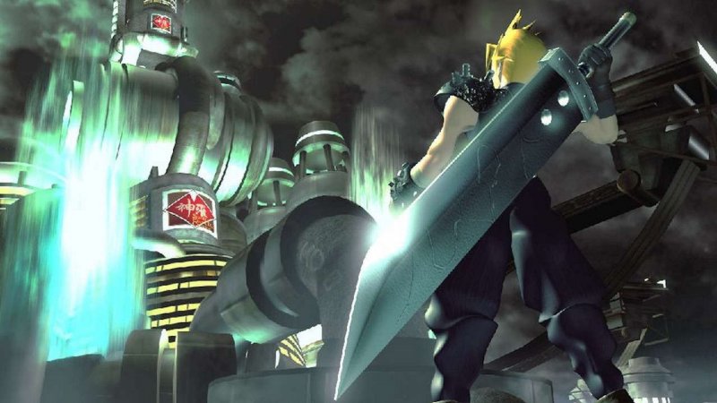 Final Fantasy 7: Cloud con la sua Buster Sword di fronte a un reattore Mako