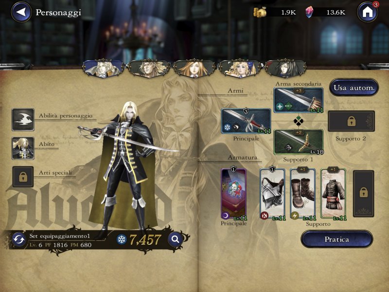 Castlevania: Grimoire of Souls, la schermata con i personaggi giocabili, l'equipaggiamento e le abilità Castlevania: Grimoire of Souls, la schermata con i personaggi giocabili, l'equipaggiamento e le abilità