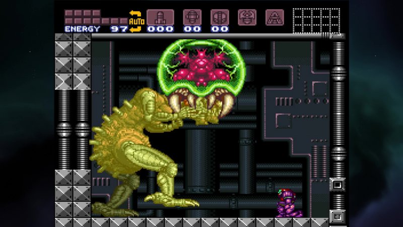 Super Metroid: il baby metroid, ormai cresciuto, aiuta la 'mamma Samus' nella lotta. Super Metroid: il baby metroid, ormai cresciuto, aiuta la 'mamma Samus' nella lotta.