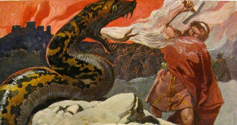 God of War Ragnarok: Thor avvolto dalle esalazioni tossiche di Jörmungandr nell'illustrazione di Emil Doepler, 1905 God of War Ragnarok: Thor avvolto dalle esalazioni tossiche di Jörmungandr nell'illustrazione di Emil Doepler, 1905