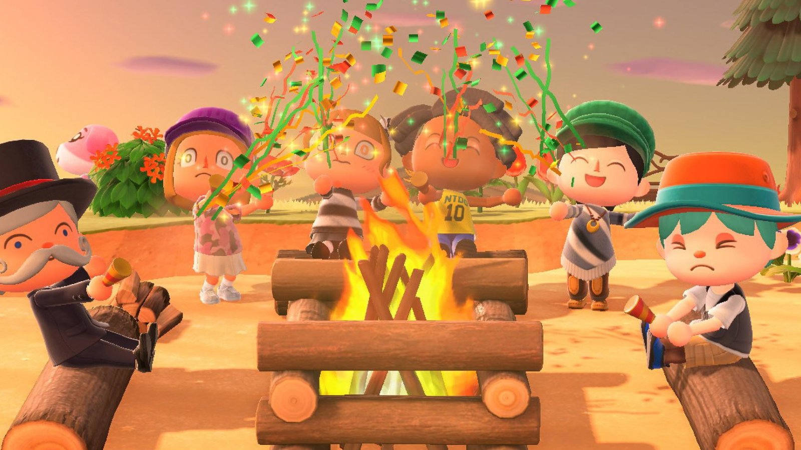 Dei personaggi di Animal Crossing New Horizons attorno a un falo sulla spiaggia