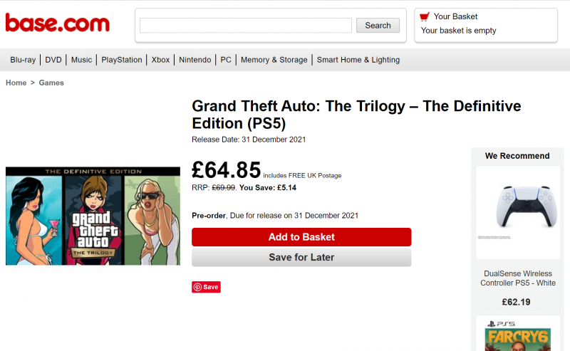 GTA: The Trilogy - The Definitive Edition, la schermata del preorder su Base.com GTA: The Trilogy - The Definitive Edition, la schermata del preorder su Base.com