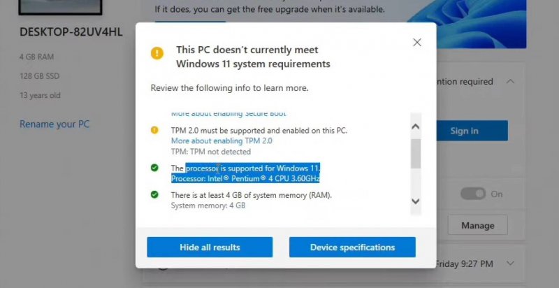 Windows 11 rileva il Pentium 4 come compatibile, pur indicando la mancanza di TPM 2.0, come evidenziato da Carlos S. M. Computers