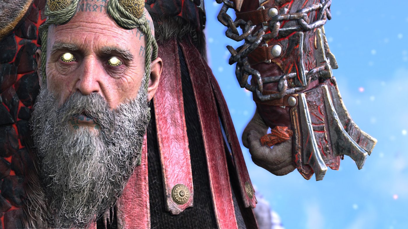 God of War Ragnarok: Mímir attaccato alla cintola di Kratos