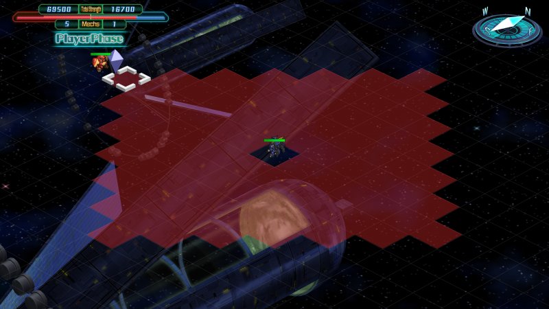 Super Robot Wars 30, l'interfaccia mostra le caselle che possiamo raggiungere in un turno Super Robot Wars 30, l'interfaccia mostra le caselle che possiamo raggiungere in un turno