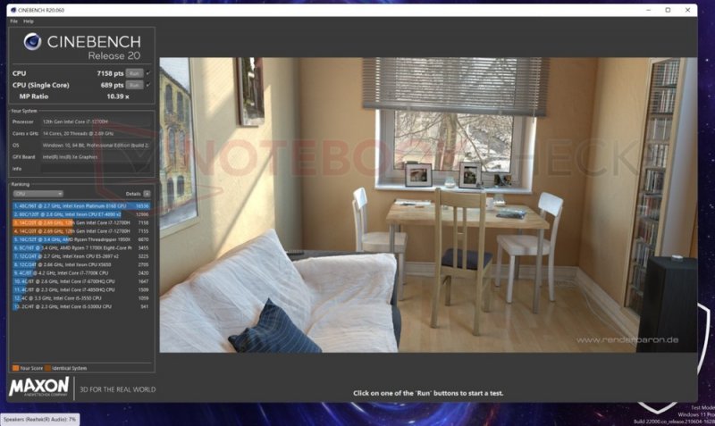 Le prestazioni dell'Intel Core i7-12700H con il benchmark Cinebench R20