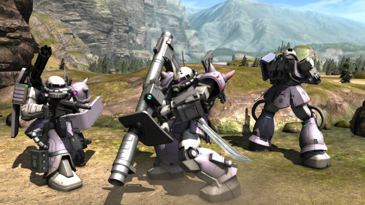 Mobile Suit Gundam Battle Operation Code Fairy, le tre protagoniste a bordo dei rispettivi Zaku