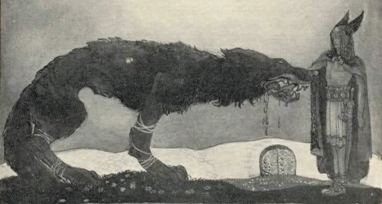 God of War Ragnarok: Fenrir, figlio di Angrboda e Loki, mentre azzanna il braccio di Tyr God of War Ragnarok: Fenrir, figlio di Angrboda e Loki, mentre azzanna il braccio di Tyr