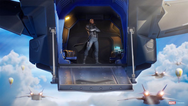 Fortnite, Nick Fury si affaccia dal Quinjet Fortnite, Nick Fury si affaccia dal Quinjet