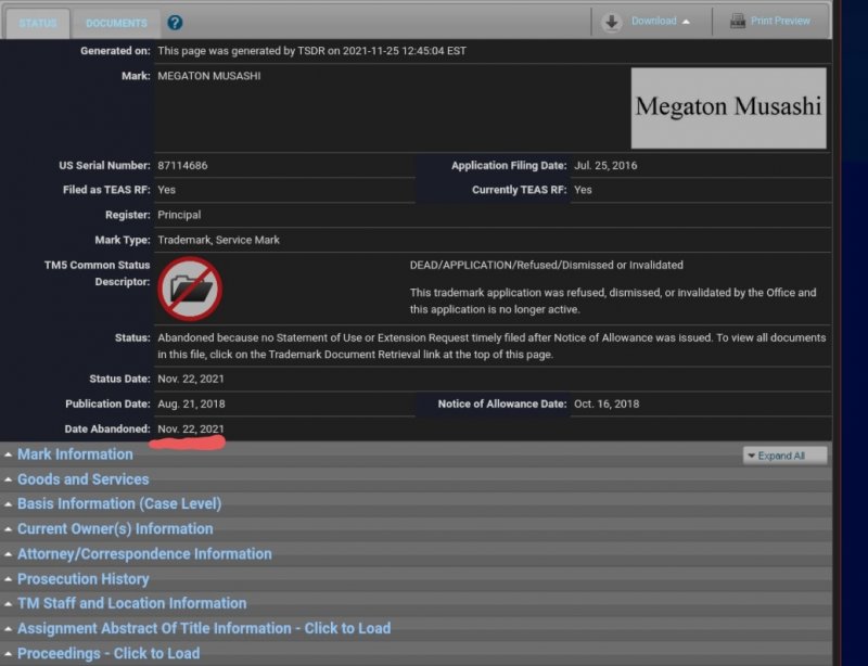 Il marchio di Megaton Musashi decaduto negli USA