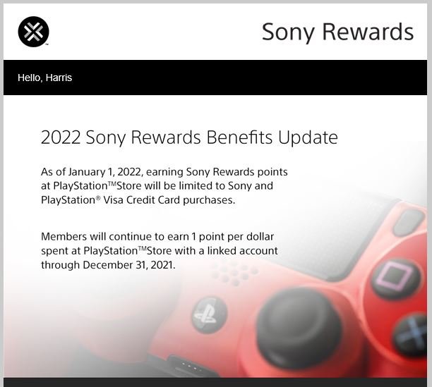 Correo electrónico que describe los nuevos términos de Sony Rewards