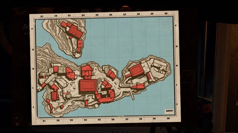 La mappa di Updaam, una delle quattro zone che compongono l'isola di Blackreef in Deathloop