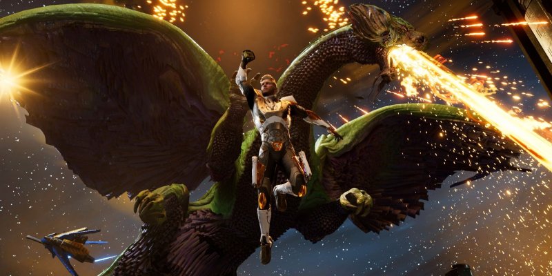 Marvel's Guardians of the Galaxy, Fin Fang Foom sputa fuoco alle spalle di Star-Lord Marvel's Guardians of the Galaxy, Fin Fang Foom sputa fuoco alle spalle di Star-Lord