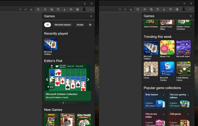 Microsoft Edge, le immagini del presunto pannello Giochi in sviluppo