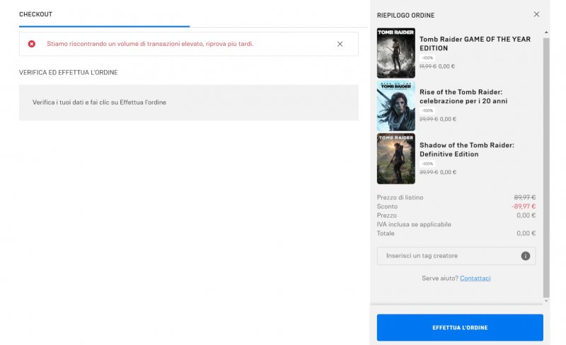La schermata di acquisto di Epic Games Store