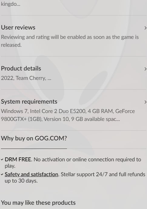 Le informazioni riportate nella pagina mobile di GOG di Hollow Knight: Silksong