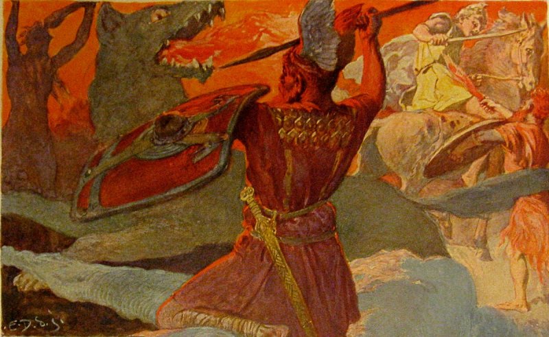 God of War: Odino e Fenrir nell'illustrazione di Emil Doepler, datata 1905 God of War: Odino e Fenrir nell'illustrazione di Emil Doepler, datata 1905
