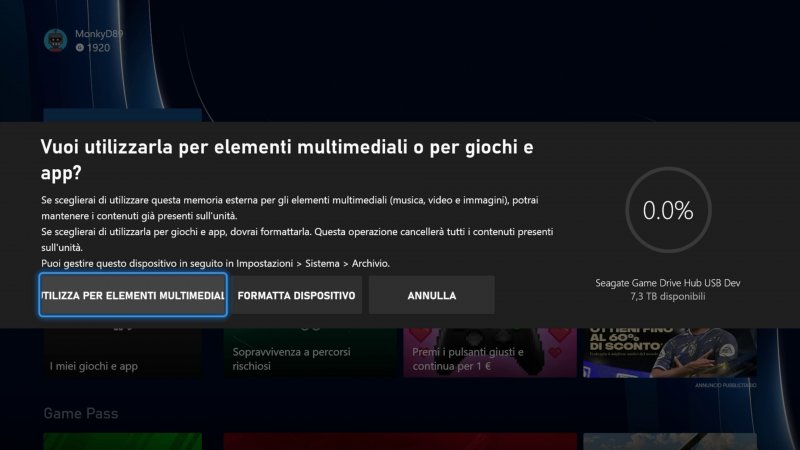 Il Game Drive Hub è praticamente subito disponibile all'uso su Xbox Series X e S