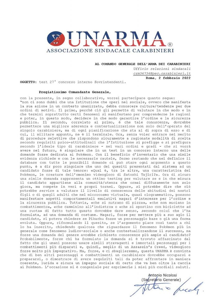 Lettera del sindacato dell'Arma dei Carabinieri legato alla domanda a tema Pokèmon