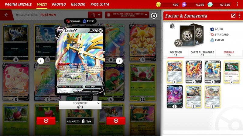 Il menu di creazione del mazzo nel GCC Pokémon Live