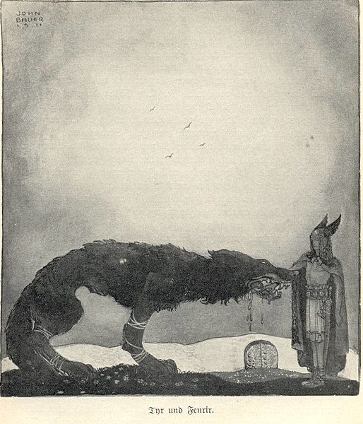 God of War: in questa illustrazione di John Bauer, datata 1911, Týr sacrifica la propria mano in modo tale da imprigionare il portentoso lupo Fenrir