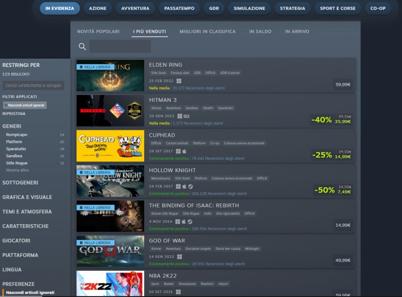 Le classifiche di Steam Deck sono a parte rispetto a quelle di Steam