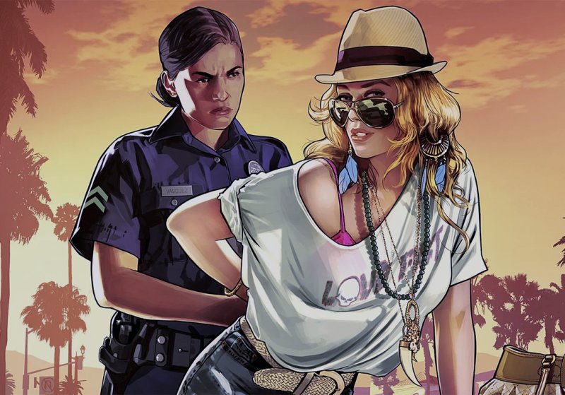 A GTA 5 image showing a woman arrested by a policeman